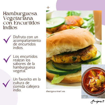 English: Veggie Burger Patty 360g, great with tangy Indian pickles for enhanced flavors. Spanish: Hamburguesa Vegetal 360g, perfecta con encurtidos indios para sabores realzados.