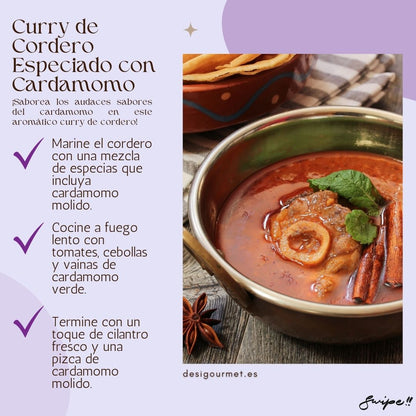 4. Curry de Cordero Especiado con Cardamomo  Meta Description: Savor the bold flavors of Spiced Lamb Curry with Cardamom. Marinate lamb with cardamom, slow-cook with tomatoes, onions, and green cardamom pods. Finish with fresh cilantro and ground cardamom.