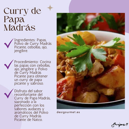 Curry de Papa Madrás Ingredientes: Papas, Polvo de Curry Madrás Picante, cebollas, ajo, jengibre. Procedimiento: Cocina las papas con cebollas, ajo, jengibre y Polvo de Curry Madrás Picante para obtener un curry de papa picante y sabroso. Para llevar: Disfruta del sabor reconfortante del Curry de Papa Madrás, sazonado a la perfección con los sabores audaces y aromáticos del Polvo de Curry Madrás Picante de Natco. desigourmet.es Swipe!!