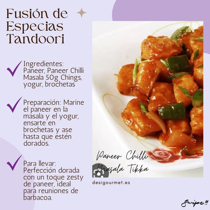 Image 4: Fusión de Especias Tandoori Meta Description: Experience the golden perfection of Paneer Chilli Masala Tikka with Ching's. Marinated in masala and yogurt, grilled to perfection for BBQ gatherings.