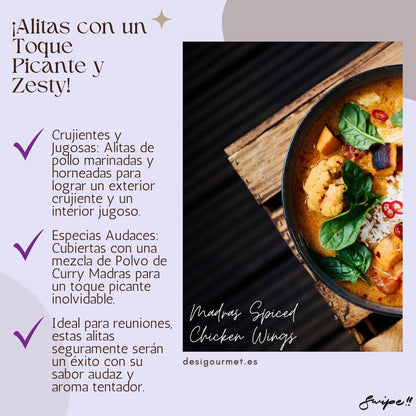 Alitas con un Toque Picante y Zesty: "Enjoy crispy and juicy chicken wings marinated with Madras Curry Powder. Ideal for gatherings, these wings offer a bold and zesty flavor that’s irresistible."