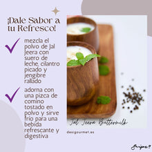 Cargar imagen en el visor de la galería, Dale Sabor a tu Refresco: &quot;Mix Jal Jeera powder with buttermilk, chopped cilantro, and grated ginger. Garnish with toasted cumin for a refreshing, digestive drink. Serve cold for the best taste.&quot;