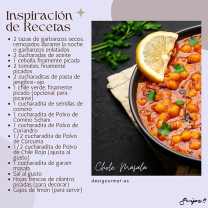 Inspiracion de Recetas "Prueba Chole Masala con Polvo de Comino Schani: garbanzos, tomate, jengibre, ajo, y una mezcla de especias que crean un plato lleno de sabor."