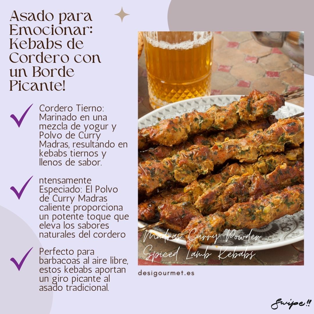 Asado para Emocionar: Kebabs de Cordero con un Borde Picante: "Tender lamb kebabs marinated with yogurt and Madras Curry Powder for a spicy twist. Perfect for BBQs, these kebabs deliver a flavorful and aromatic experience."