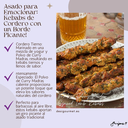 Asado para Emocionar: Kebabs de Cordero con un Borde Picante: "Tender lamb kebabs marinated with yogurt and Madras Curry Powder for a spicy twist. Perfect for BBQs, these kebabs deliver a flavorful and aromatic experience."