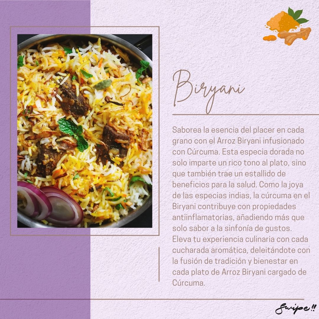 "Savor the essence of pleasure in each grain with Turmeric-infused Biryani. This golden spice adds rich flavor and health benefits to every bite, enhancing your culinary experience."