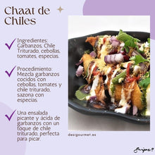 Cargar imagen en el visor de la galería, Chaat de Chiles:  &quot;Enjoy a tangy and spicy chickpea salad with Chaat de Chiles. Cooked chickpeas mixed with onions, tomatoes, and crushed chillies, seasoned with spices. Perfect for snacking.&quot;