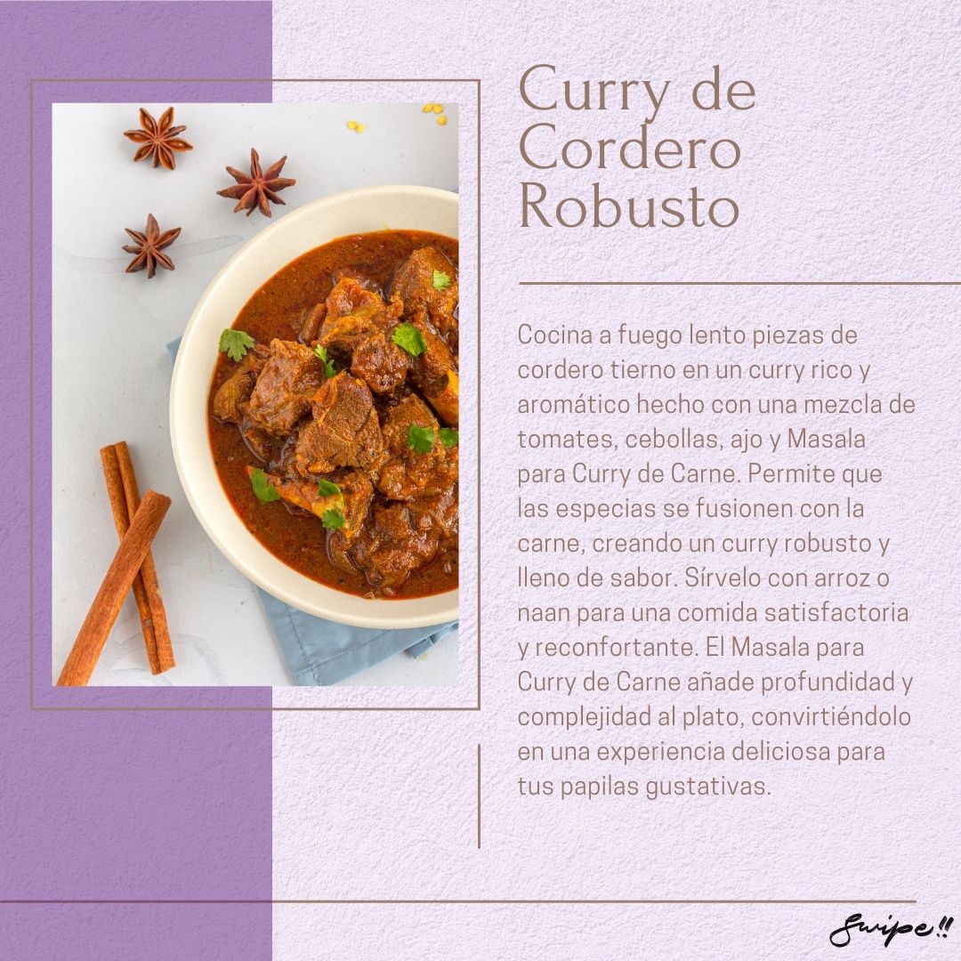 Curry de Cordero Robusto: Cocina a fuego lento piezas de cordero tierno en un curry aromático con tomates, cebollas y Masala para Curry de Carne. Una experiencia deliciosa para tus papilas gustativas. 🍛🌿