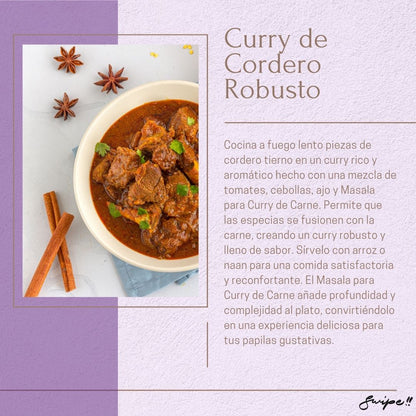 Curry de Cordero Robusto: Cocina a fuego lento piezas de cordero tierno en un curry aromático con tomates, cebollas y Masala para Curry de Carne. Una experiencia deliciosa para tus papilas gustativas. 🍛🌿