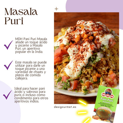 MDH Pani Puri Masala enhances chaats, perfect for Masala Puri, adds tangy flavor.