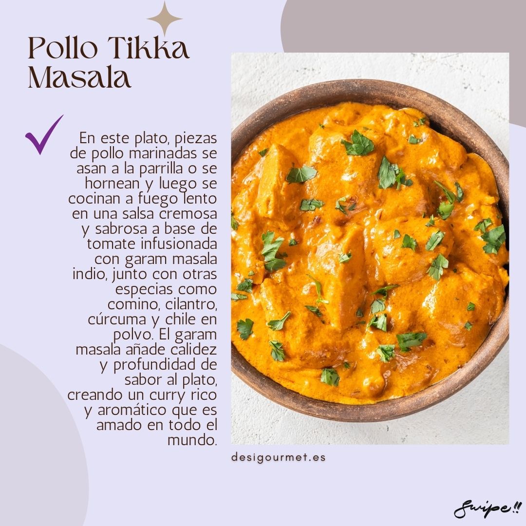 Pollo Tikka Masala "Indulge in the rich, aromatic flavors of Pollo Tikka Masala, featuring marinated chicken cooked in a creamy tomato sauce infused with garam masala and other spices."