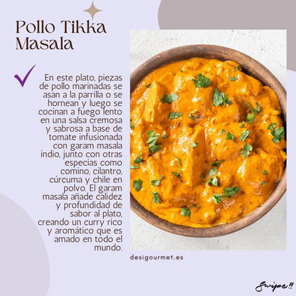 Pollo Tikka Masala "Indulge in the rich, aromatic flavors of Pollo Tikka Masala, featuring marinated chicken cooked in a creamy tomato sauce infused with garam masala and other spices."