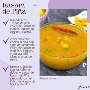 Rasam de Piña "Treat your taste buds to the sweet and tangy flavors of Pineapple Rasam, enhanced with Madras Rasam Powder and tamarind. A delightful twist on a classic. #PineappleRasam #MadrasRasam #DesiGourmet"