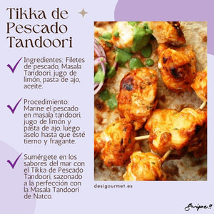 Tikka de Pescado Tandoori  "Dive into Tandoori Fish Tikka. Marinated with Tandoori Masala, lemon juice, and garlic, then grilled to perfection. Experience the ocean's flavors with Natco's masala touch."