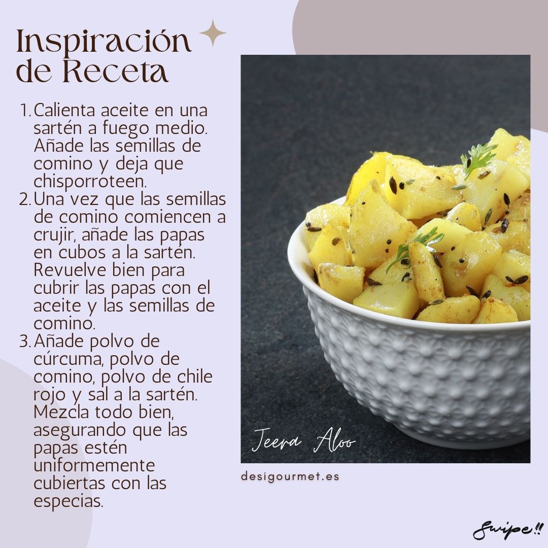 Inspiración de Receta (part 1):  "Cook Jeera Aloo with Natco Cumin Powder: boiled potatoes, mustard oil, cumin seeds, turmeric, red chili powder, and fresh cilantro for a flavorful side dish."