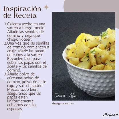 Inspiración de Receta (part 1):  "Cook Jeera Aloo with Natco Cumin Powder: boiled potatoes, mustard oil, cumin seeds, turmeric, red chili powder, and fresh cilantro for a flavorful side dish."