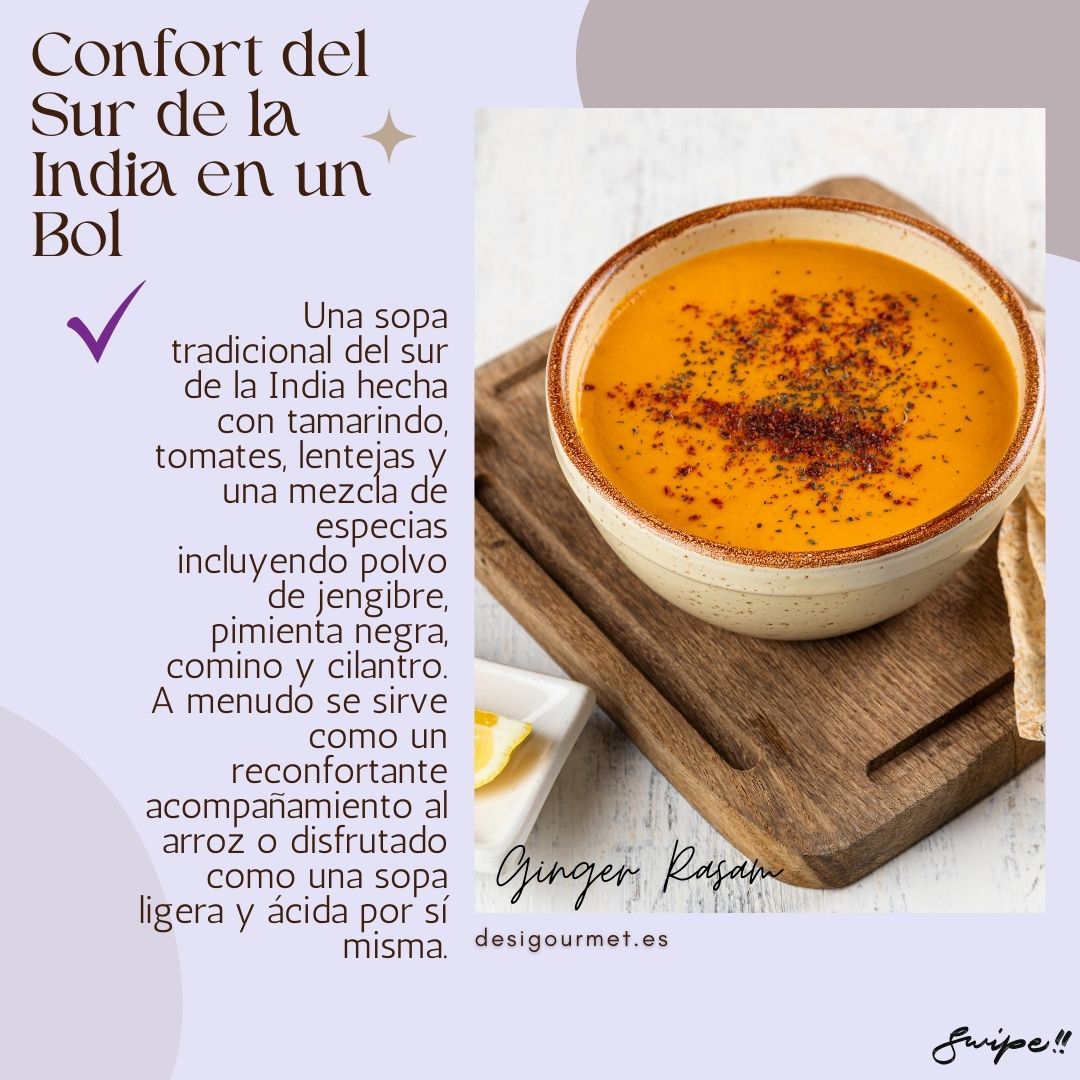 Confort del Sur de la India en un Bol "Enjoy the warmth of South Indian soup with ginger powder, tamarind, tomatoes, and lentils. A comforting bowl of spiced goodness, perfect with rice or on its own."