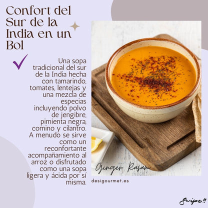 Confort del Sur de la India en un Bol "Enjoy the warmth of South Indian soup with ginger powder, tamarind, tomatoes, and lentils. A comforting bowl of spiced goodness, perfect with rice or on its own."