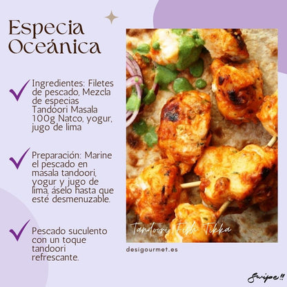 Especia Oceánica: "Grill succulent Tandoori Fish Tikka. Marinate fish fillets in Natco Tandoori Masala, yogurt, and lime juice, then grill until flaky. #FishTikka"