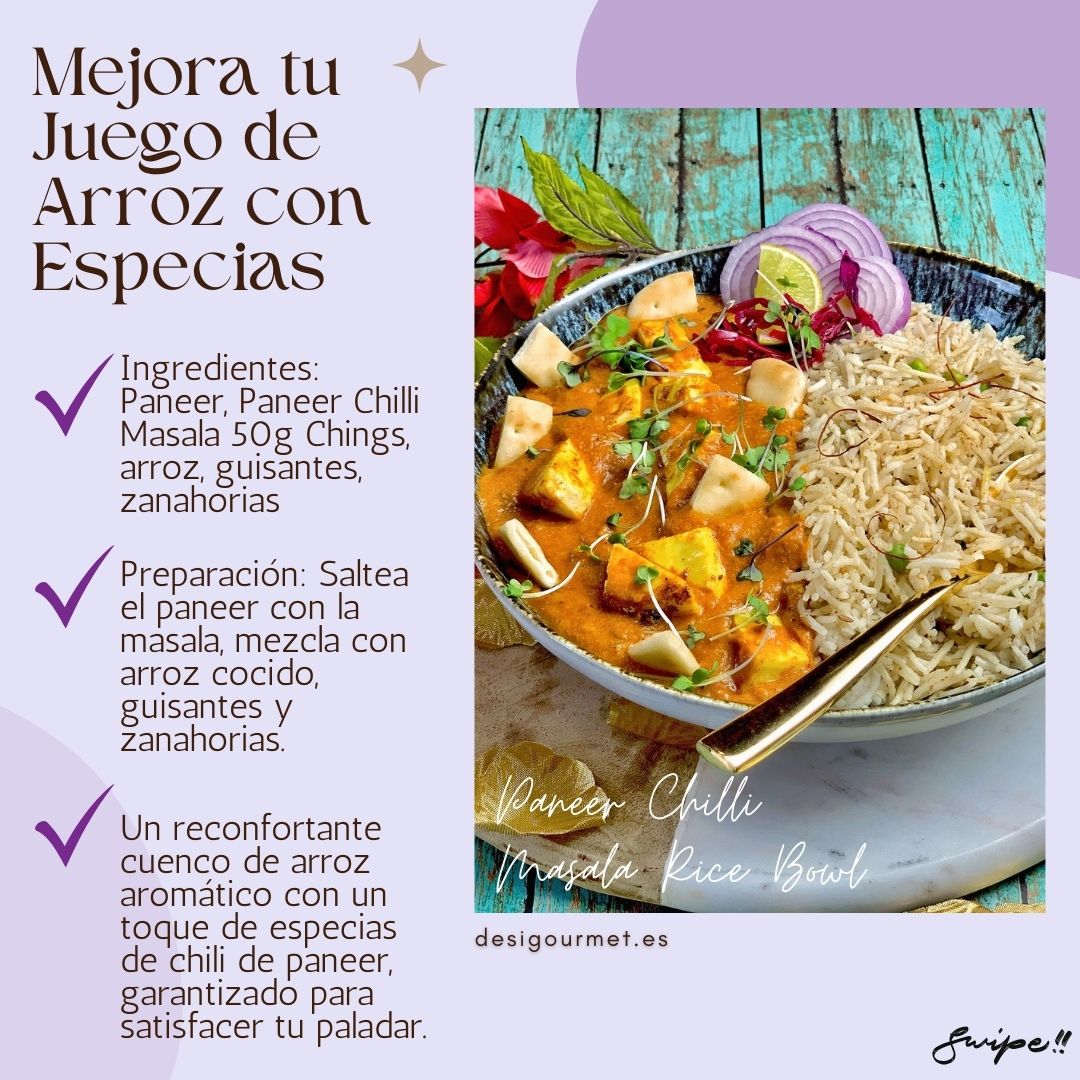 Image 5: Mejora tu Juego de Arroz con Especias Meta Description: Elevate your rice game with Paneer Chilli Masala Rice Bowl. Spiced paneer mixed with cooked rice, peas, and carrots for a flavorful and satisfying meal.