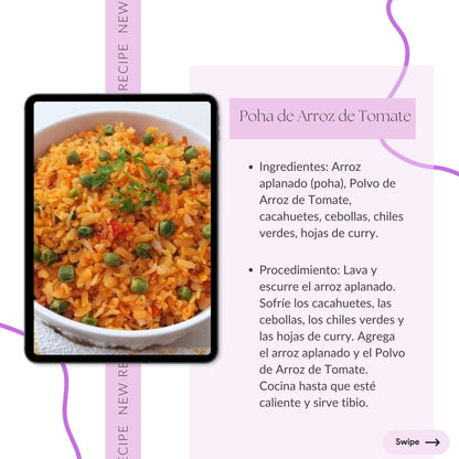 Poha de Arroz de Tomate: "Enjoy Tomato Rice Poha with flattened rice, tomato rice powder, peanuts, onions, green chilies, and curry leaves. A nutritious, easy-to-make snack. Swipe for the recipe!"