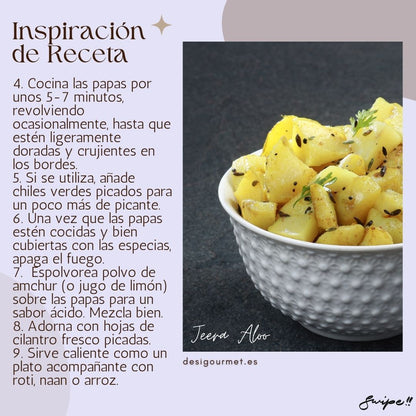 Inspiración de Receta (part 2):  "Complete Jeera Aloo recipe: fry cumin seeds, add potatoes, spices, and cook until crispy. Garnish with cilantro and enjoy with roti, naan, or rice."