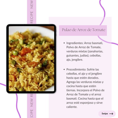 Pulao de Arroz de Tomate: "Tomato Rice Pulao with basmati rice, mixed veggies, onions, garlic, ginger, and tomato rice powder. A delicious and wholesome meal. Swipe for the full recipe!"