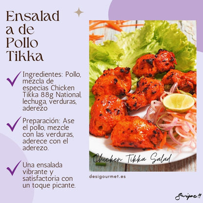 Ensalada de Pollo Tikka  "Enjoy a vibrant Chicken Tikka Salad made with National's spice mix. Grilled chicken, fresh lettuce, veggies, and dressing make a satisfying dish. Get the recipe at desigourmet.es."