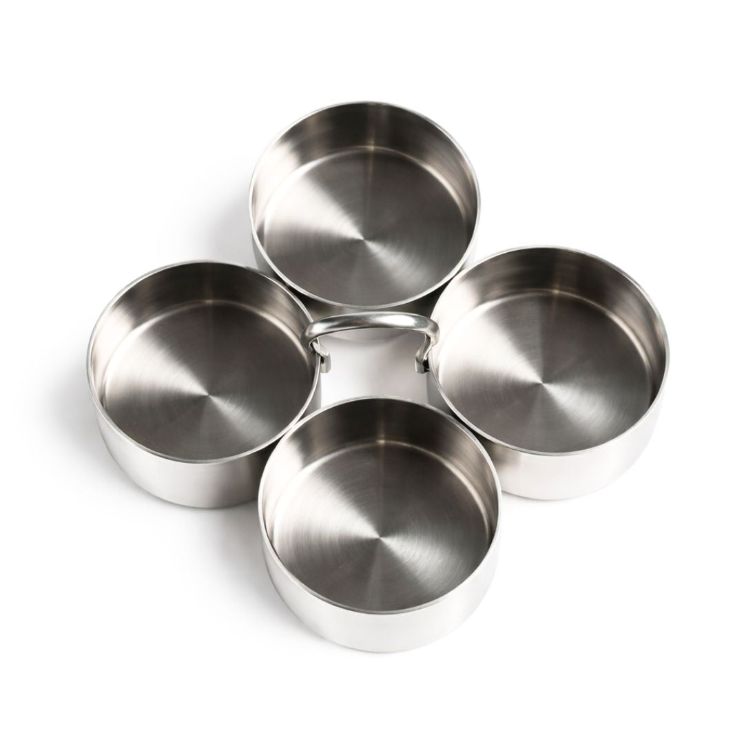 Soporte Chowmukh para Haldi y Kumkum – Acero | Haldi Kumkum Rice Holder Steel Cokda (Chowmukh)