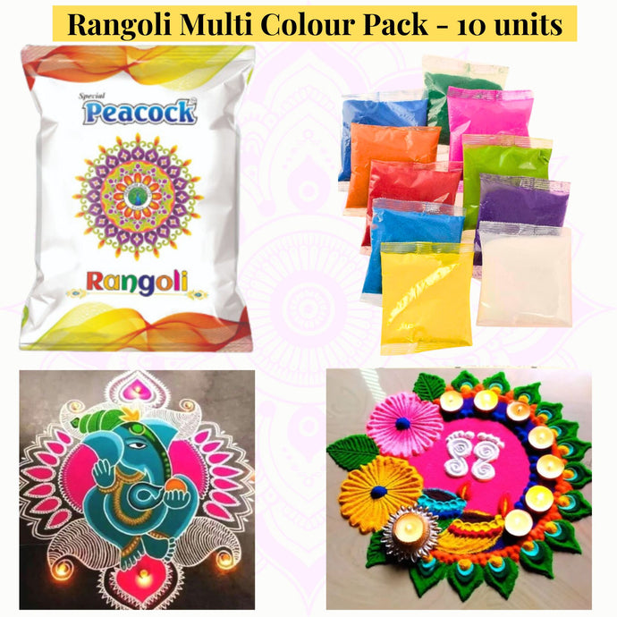 Polvo de color Rangoli | Rangoli Multicolour Pauch Pack (10units) 1kg Peacock