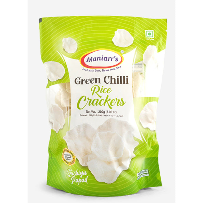 Papadum de arroz con Chile Verde | Green Chilli Rice Crispy Crackers (Khichiya) 200g Maniarr's