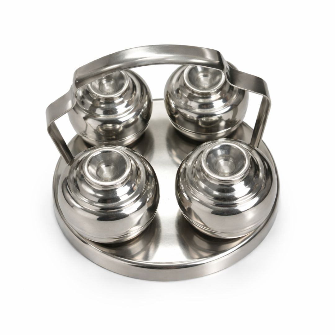 Soporte Chowmukh para Haldi y Kumkum – Acero | Haldi Kumkum Rice Holder Steel Cokda (Chowmukh) with lid