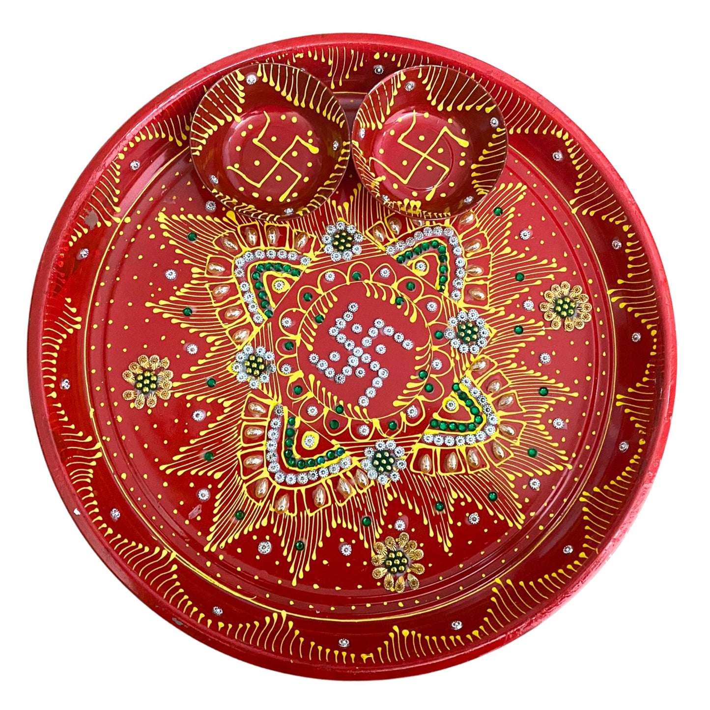 Decorative Plate for Pooja | Red Colored Decorated Thali Set For Pooja (Big)