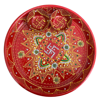 Decorative Plate for Pooja | Red Colored Decorated Thali Set For Pooja (Big)