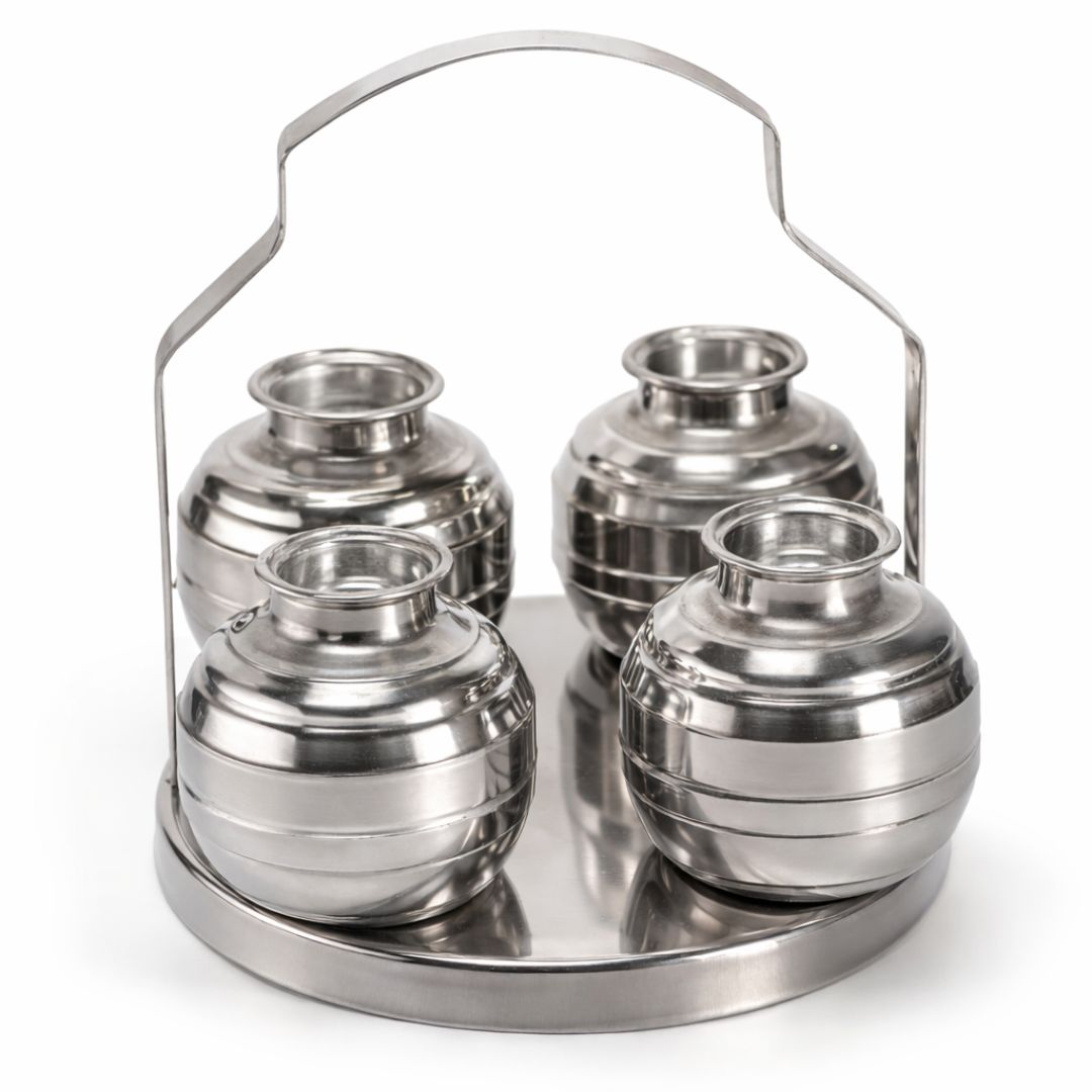 Soporte Chowmukh para Haldi y Kumkum – Acero | Haldi Kumkum Rice Holder Steel Cokda (Chowmukh) with lid