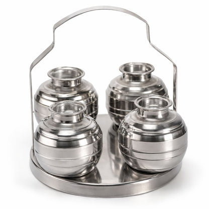 Soporte Chowmukh para Haldi y Kumkum – Acero | Haldi Kumkum Rice Holder Steel Cokda (Chowmukh) with lid