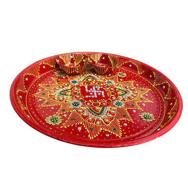 Decorative Plate for Pooja | Red Colored Decorated Thali Set For Pooja (Big)