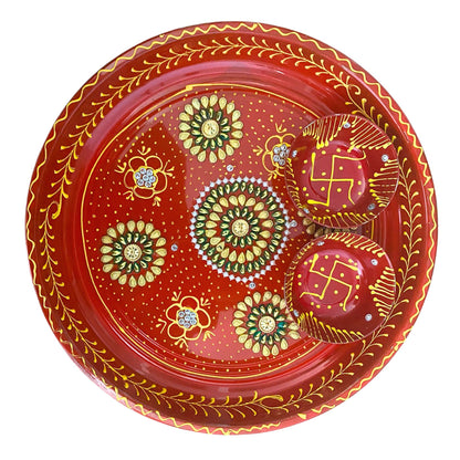 Decorative Plate for Pooja | Red Colored Decorated Thali Set For Pooja (Medium)