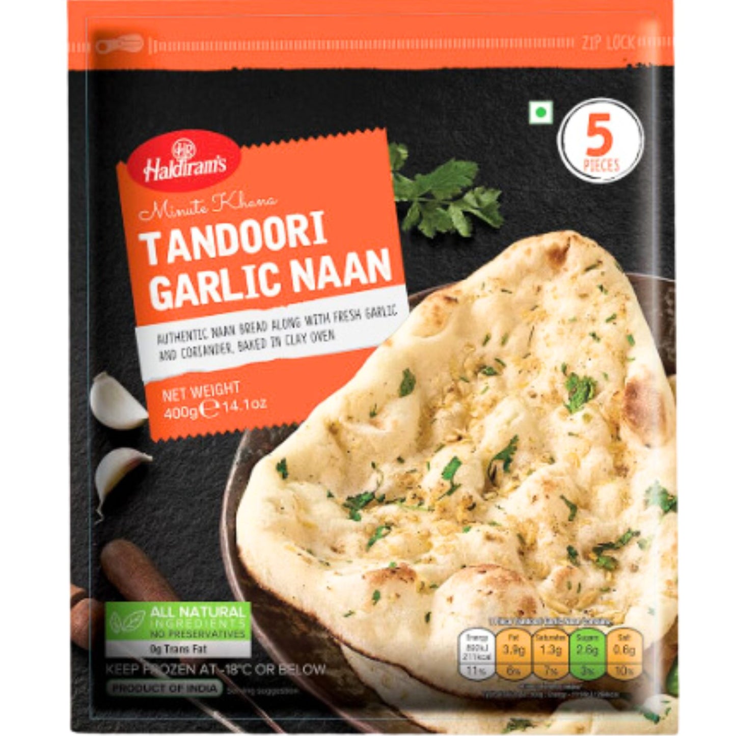 Pan de Naan al horno de ajo | Tandoori Garlic Naan 400g/5pcs. Haldiram