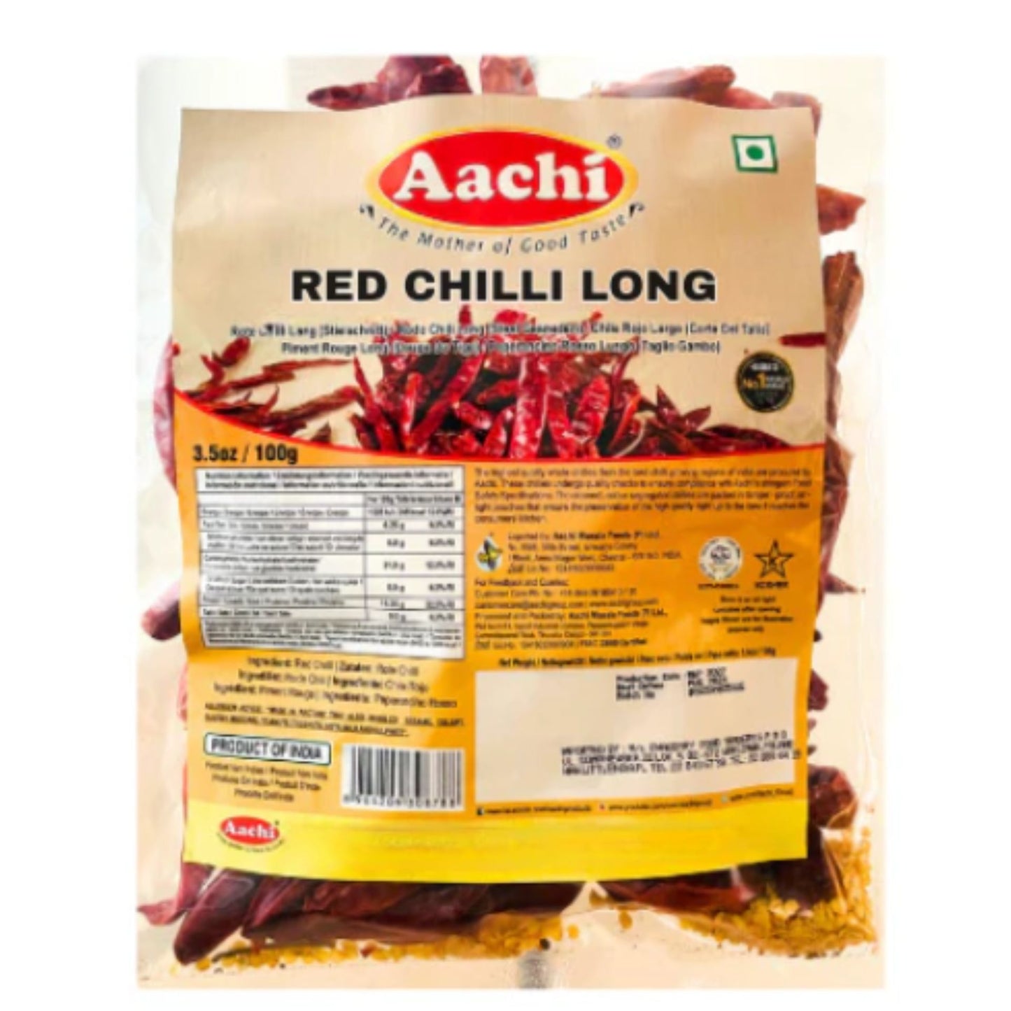 Chiles Rojos Enteros | Red Long Chilli Whole 100g Aachi