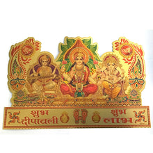 Load image into Gallery viewer, Lakshmi, Ganesha y Saraswati, un Cartel | Lakshmi, Ganesha &amp; Saraswati with shubh labh, a Golden Poster
