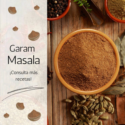 A close-up of the TRS Garam Masala aromatic spice blend package, showcasing its vibrant packaging and emphasizing its use in various Indian dishes to enhance flavor and aroma.