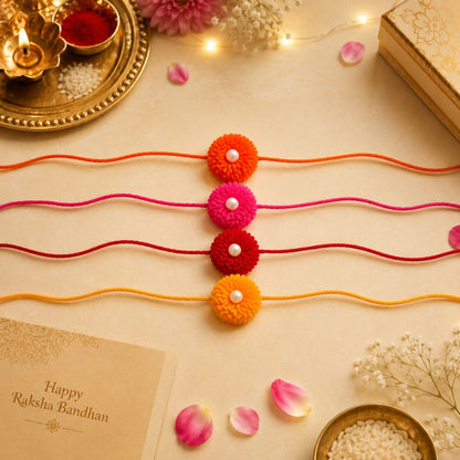 Pulseras | Rakhi Colourful Pom-Pom with Pearl Bead in Pink (€0.50 per unit)