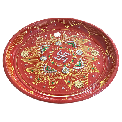 Decorative Plate for Pooja | Red Colored Decorated Thali For Pooja (Big)