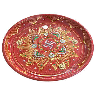 Plato decorativo para Pooja | Red Coloured Decorated Thali  For Pooja (Medium)