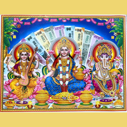 Lakshmi, Ganesha and Saraswati, a Poster | Lakshmi, Ganesha &amp; Saraswati with shubh labh, a Poster