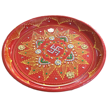 Decorative Plate for Pooja | Red Colored Decorated Thali For Pooja (Big)