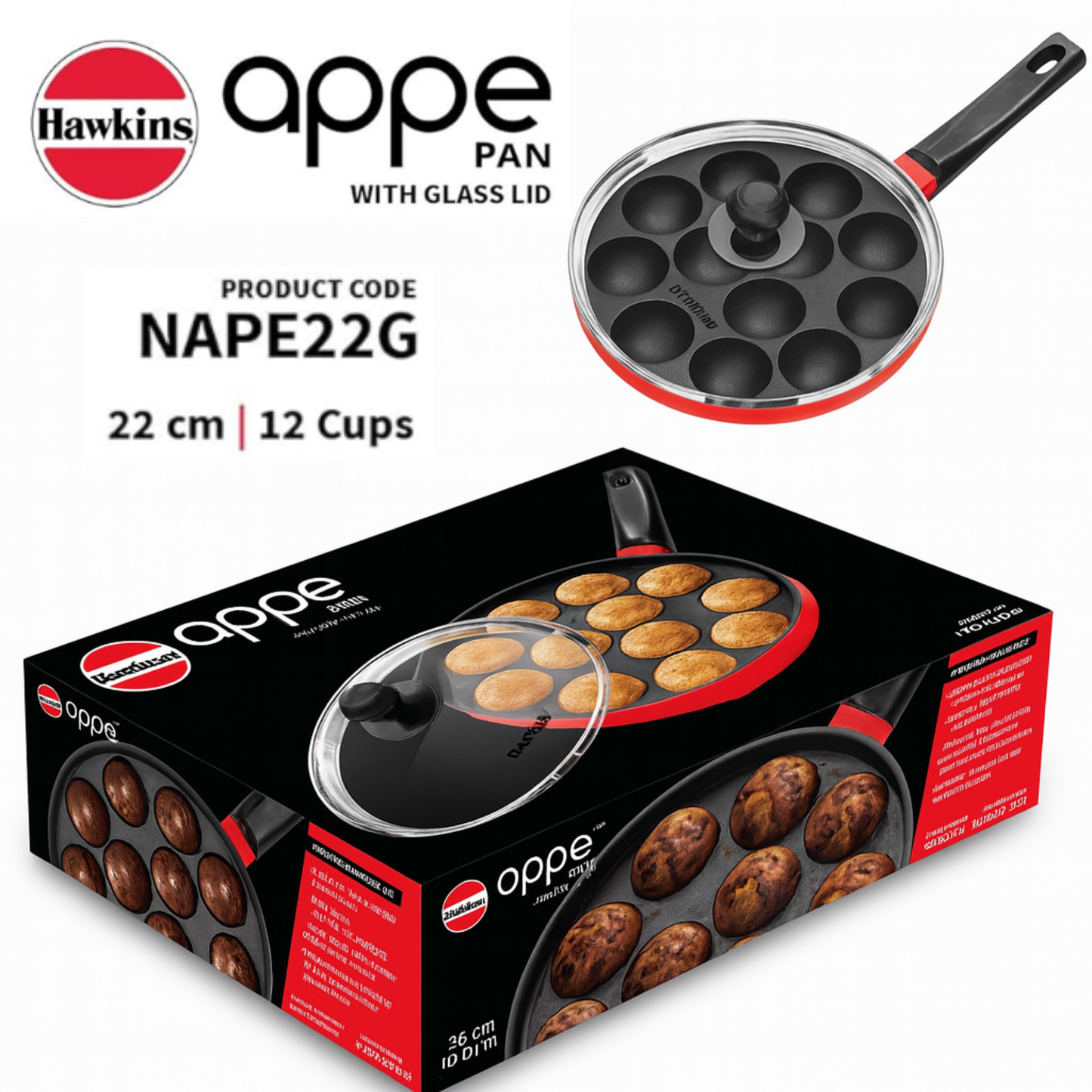 Sartén para Appe con Tapa de Vidrio | Appe Pan Nonstick with Glass Lid, 12 Cups 22cm (NAPE22G) Hawkins