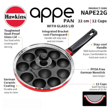Sartén para Appe con Tapa de Vidrio | Appe Pan Nonstick with Glass Lid, 12 Cups 22cm (NAPE22G) Hawkins