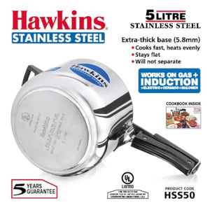 Olla de presion | Pressure Cooker (Stainless Steel) Hawkins 5Ltr. (Gas+Induccion) HSS50